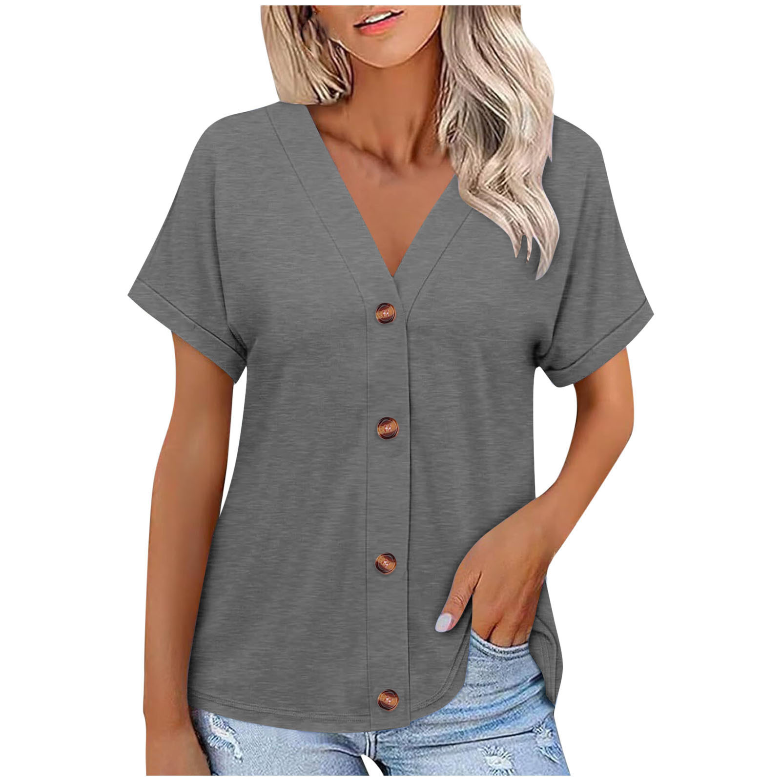 Solid Color Button-Up Loose Short Sleeve Top for Women 9
