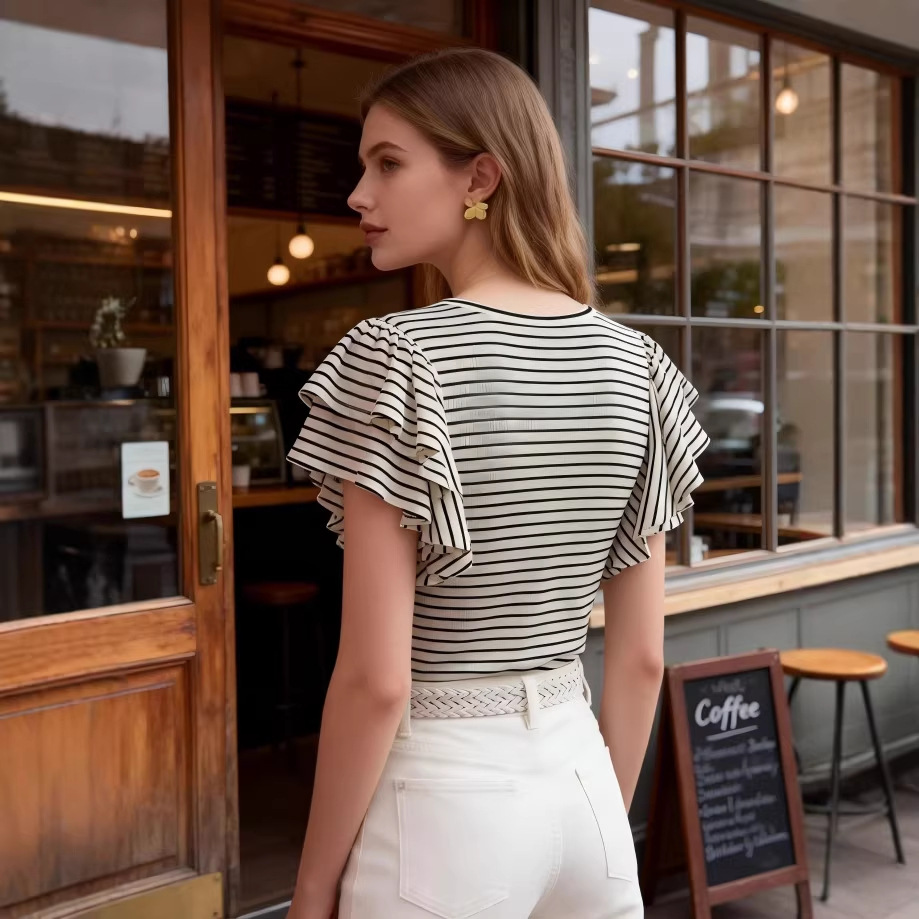 Women's Ribbed Knit Ruffled Short Sleeve Top 4