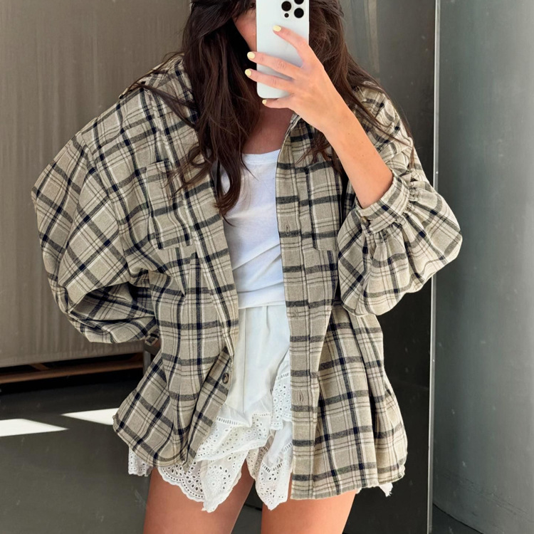 Retro Plaid Long-Sleeve Shirt with Pocket