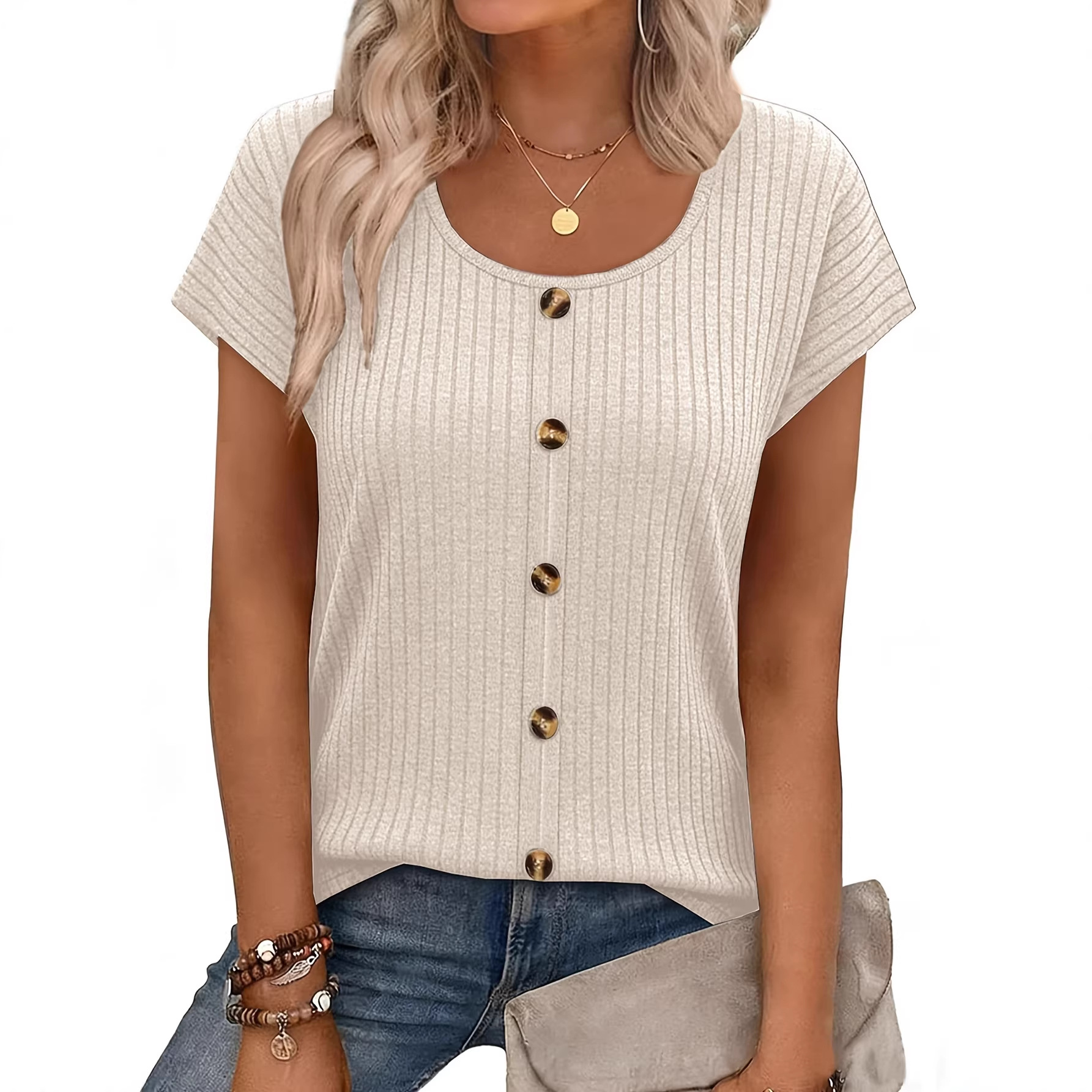 Women's Round Neck Button-Up Top 2