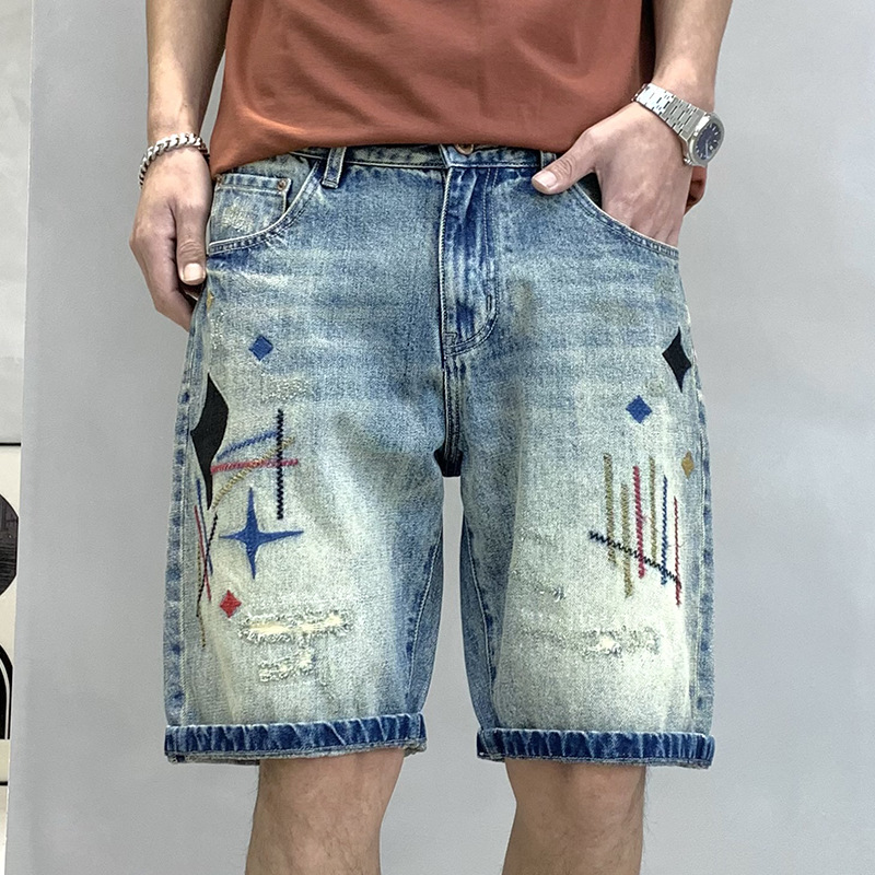 Personalized Embroidered Denim Mid-Length Shorts