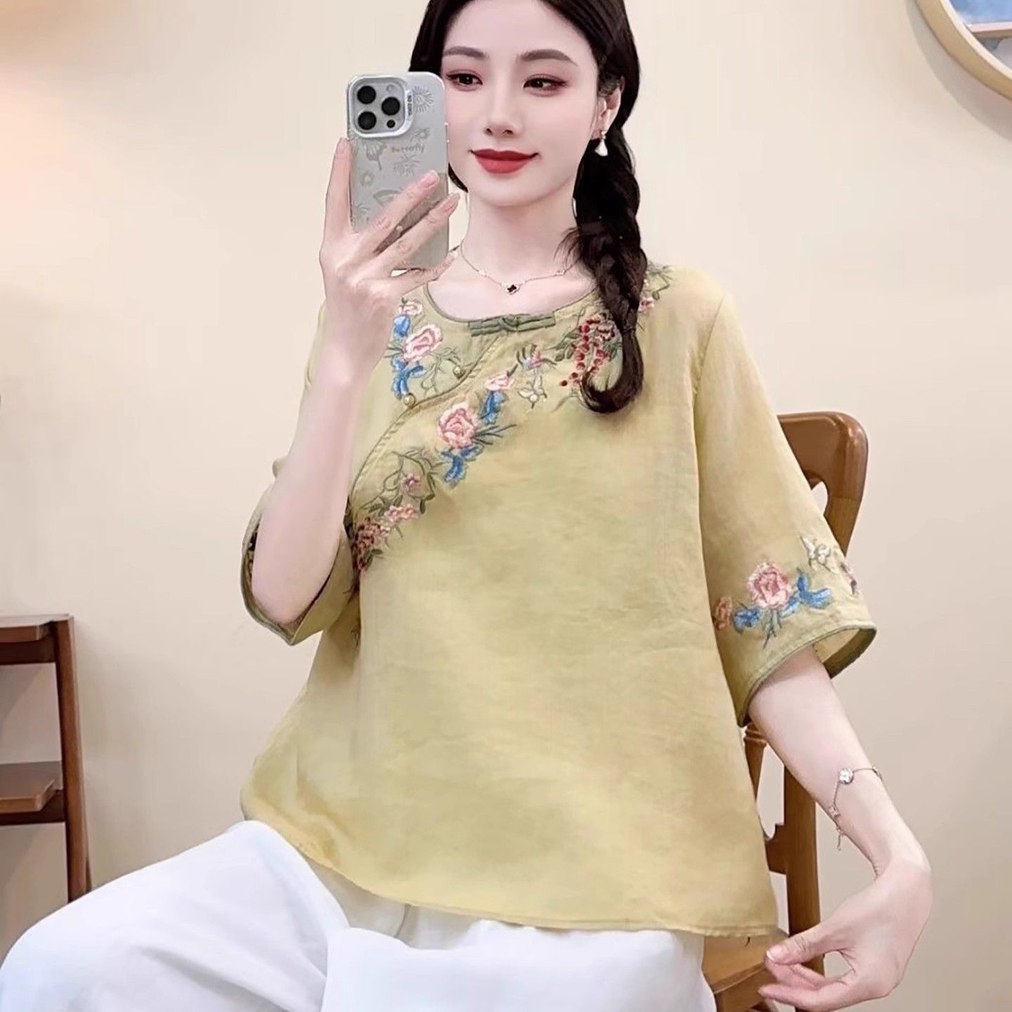 Women's Embroidered Cotton-Linen Short Sleeve Shirt 8