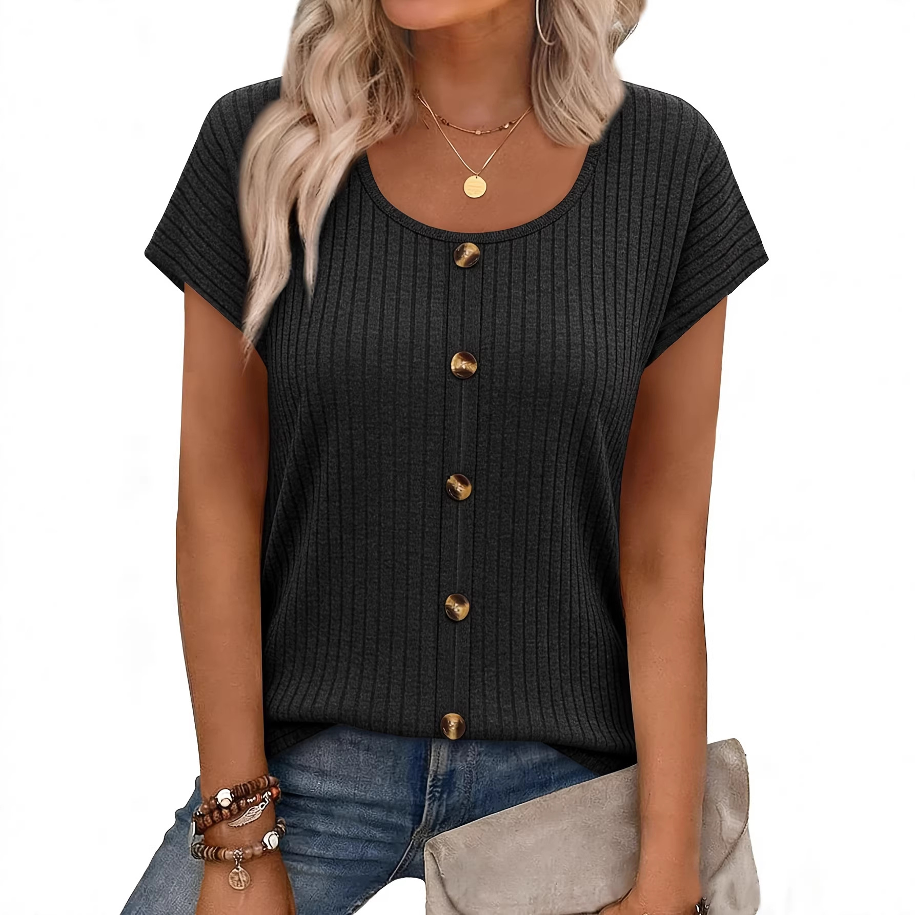 Women's Round Neck Button-Up Top 5