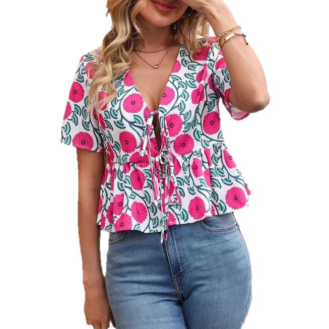 V-Neck Belted Top with Ruffled Short Sleeves 5