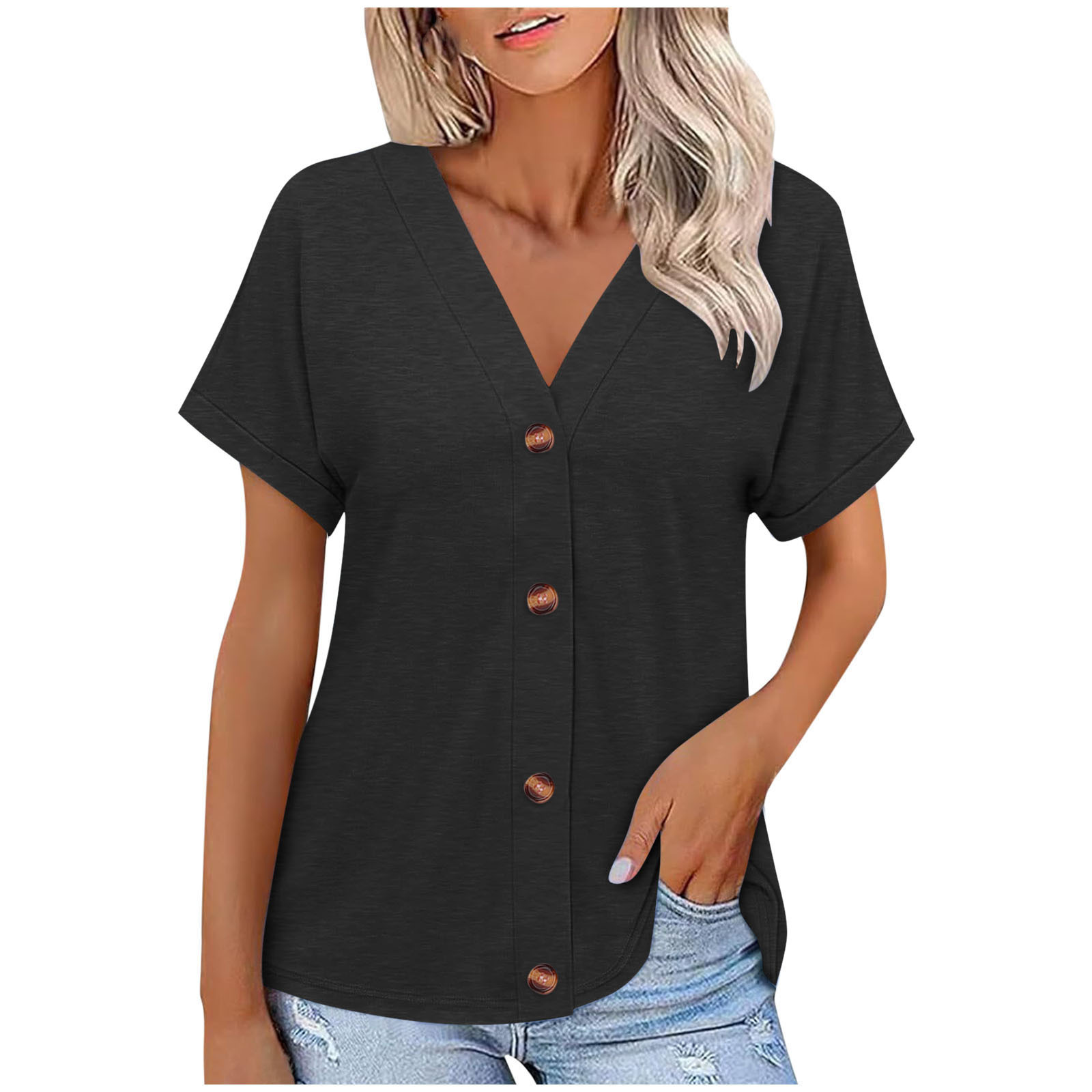 Solid Color Button-Up Loose Short Sleeve Top for Women 5