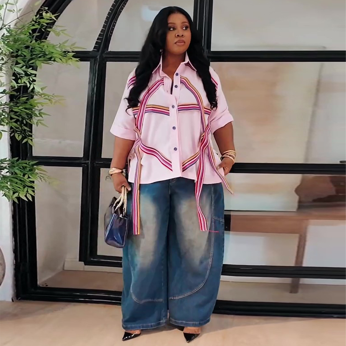 Plus-Size Casual Ribbon-Trim Blouse 4