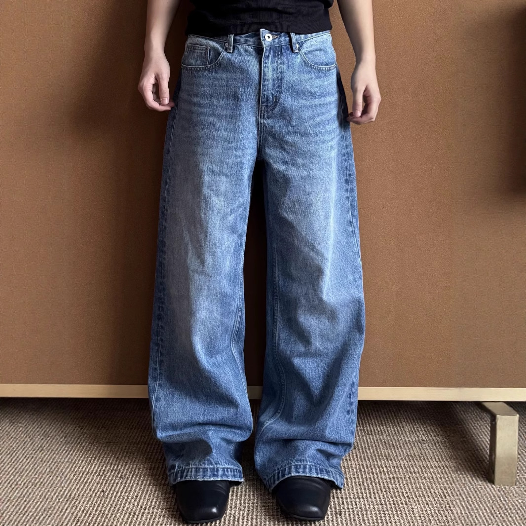 Washed Distressed A-Line Loose Straight Jeans