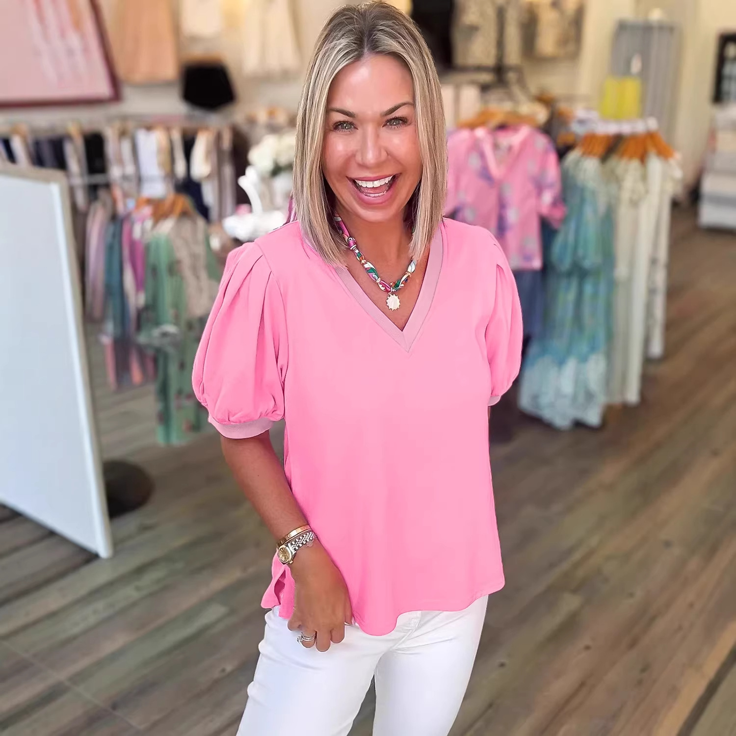 Women's Solid Color V-Neck Drop-Shoulder Top 2