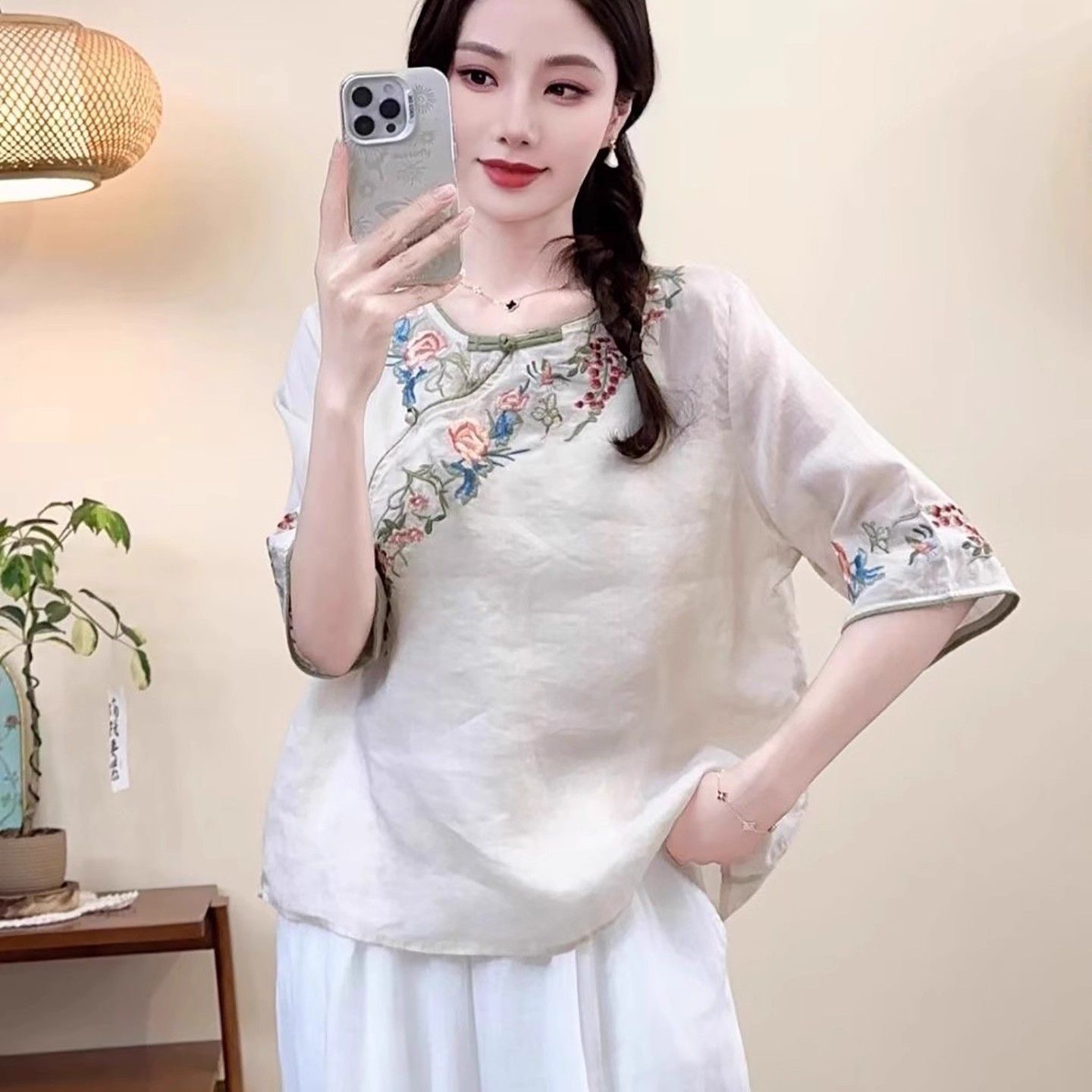 Women's Embroidered Cotton-Linen Short Sleeve Shirt 6