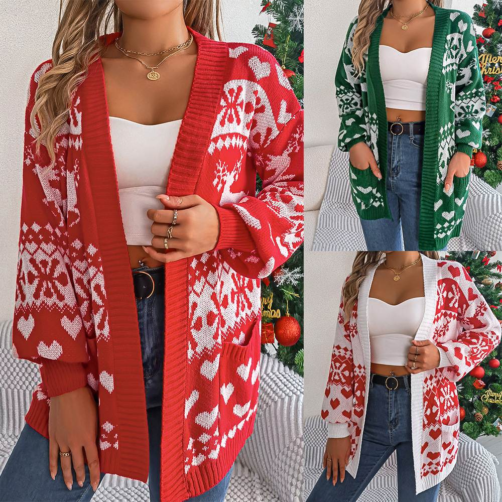Women's Oversized Christmas Deer Print Open-Front Cardigan