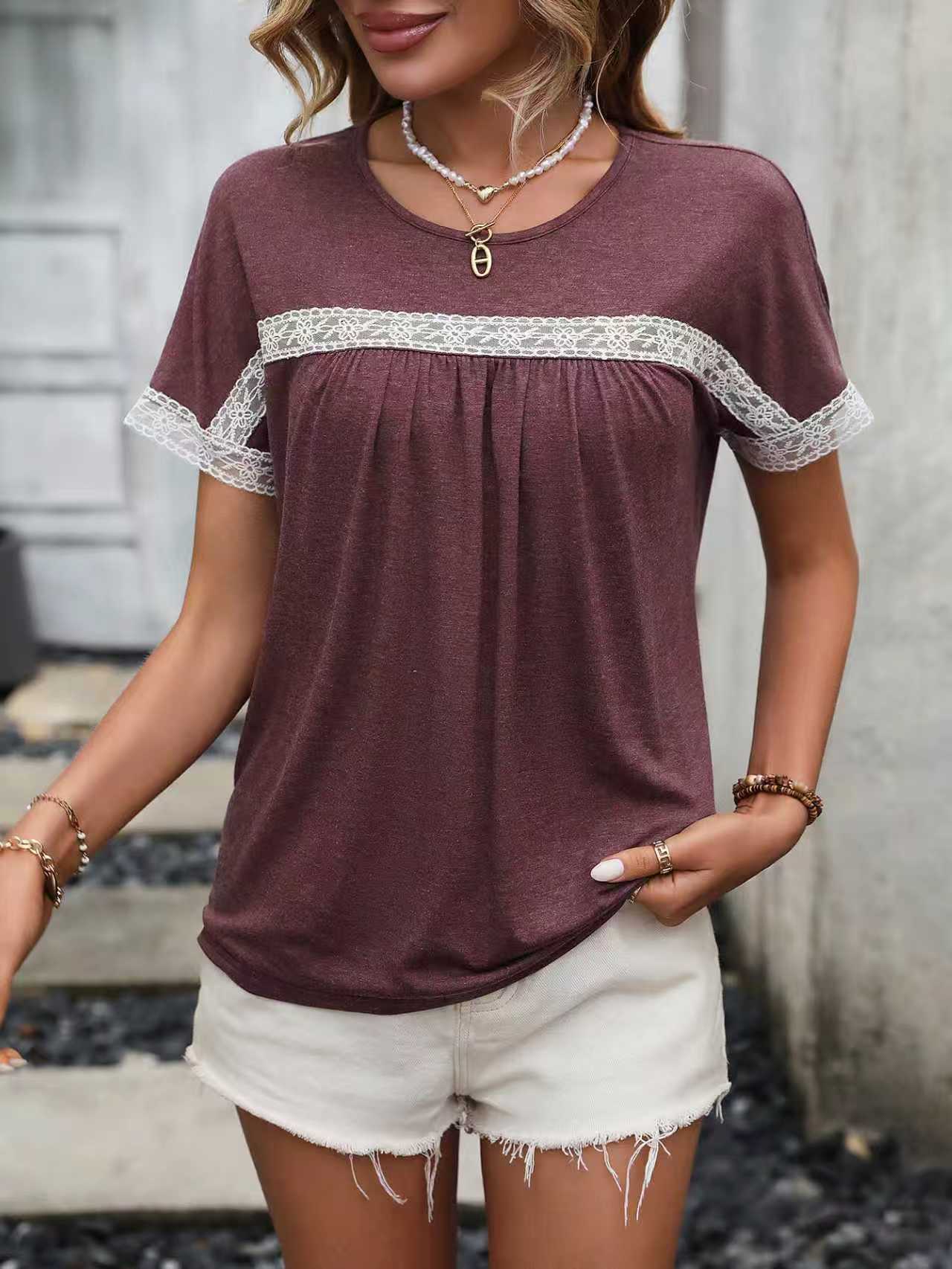 Lace-Panel Crew Neck Short Sleeve Top 6