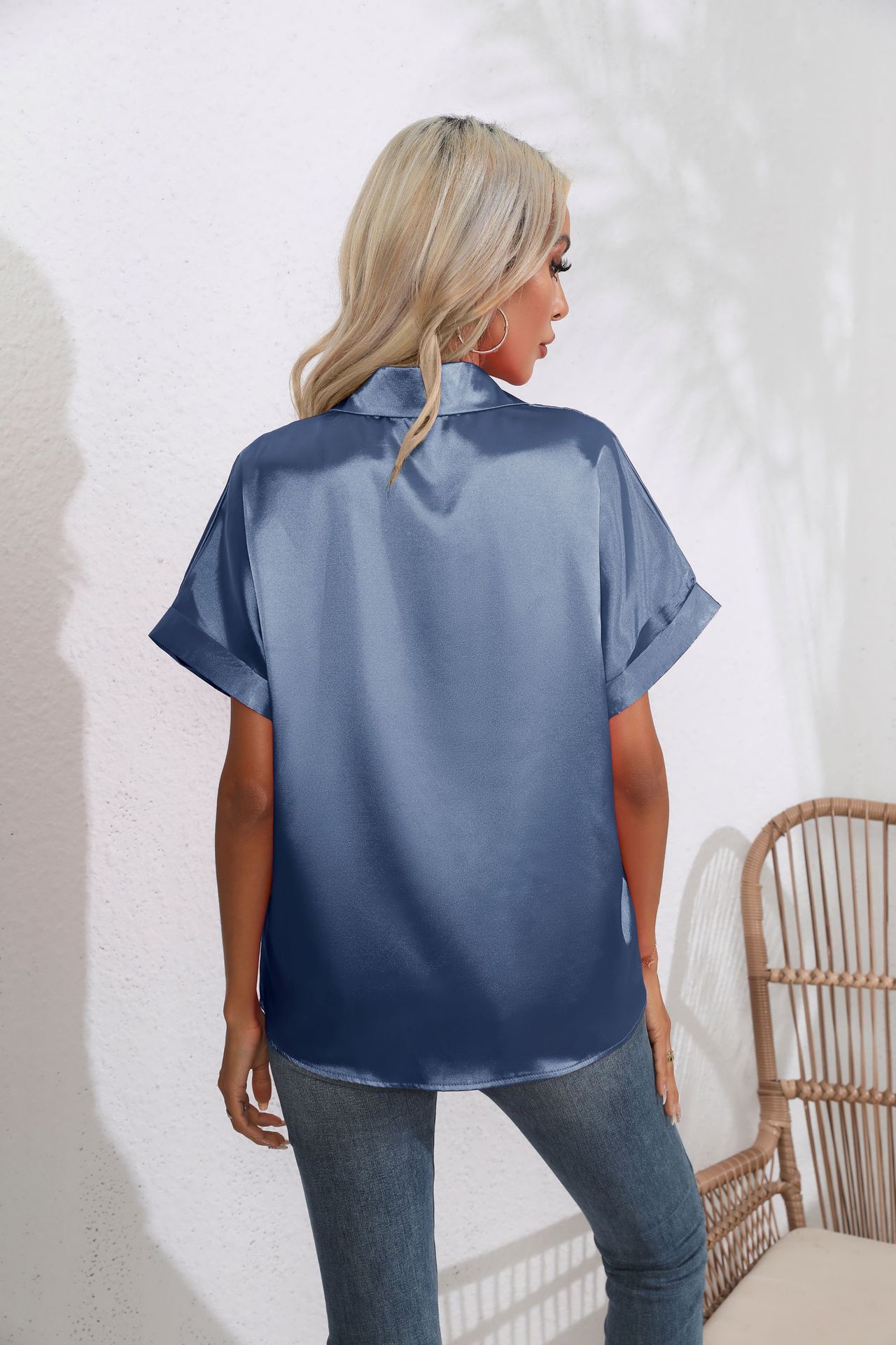 Cuffed Satin Short-Sleeve Blouse 11