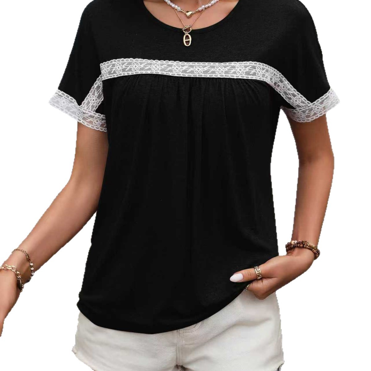 Lace-Panel Crew Neck Short Sleeve Top 5