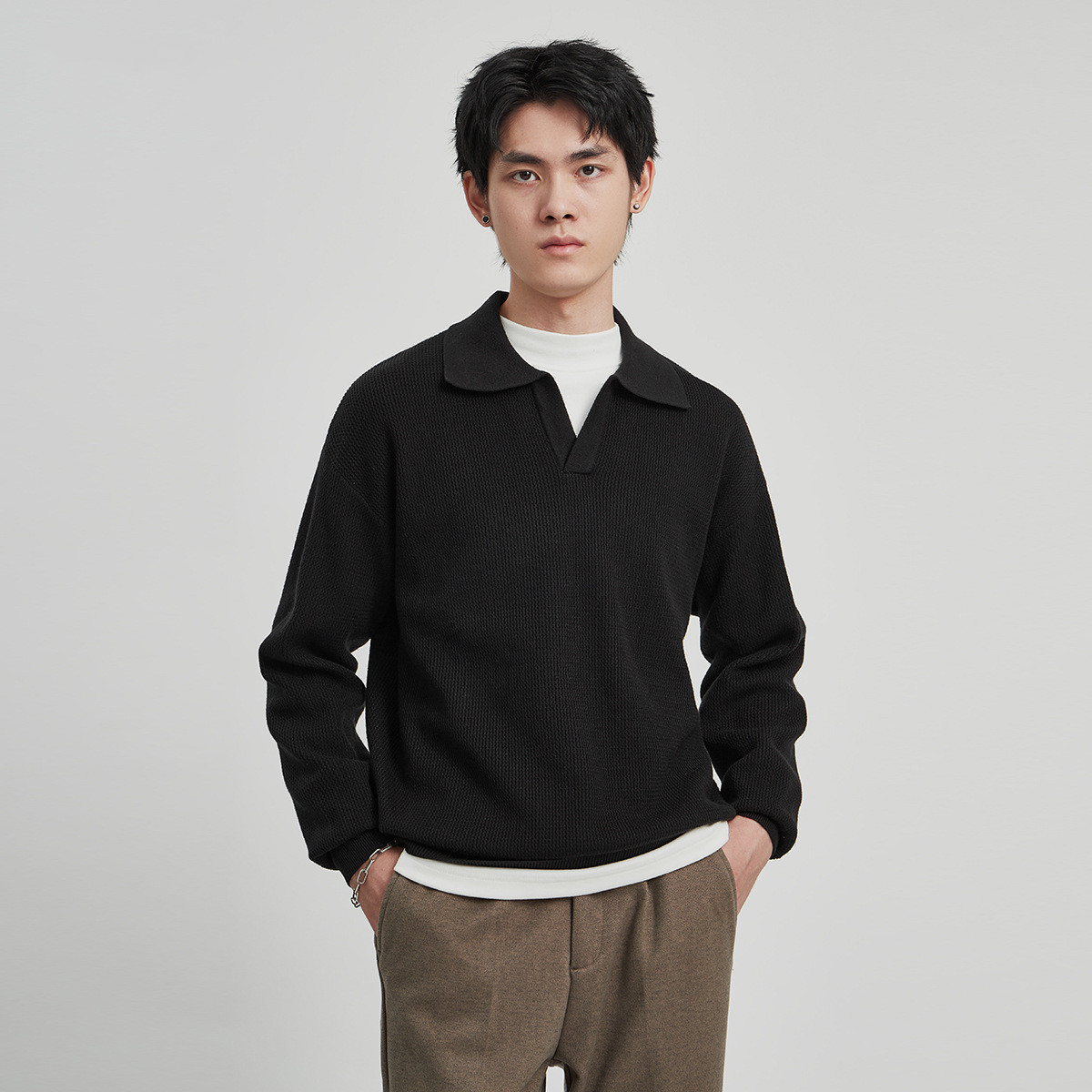 Men's Lapel V-Neck Long-Sleeve Sweater