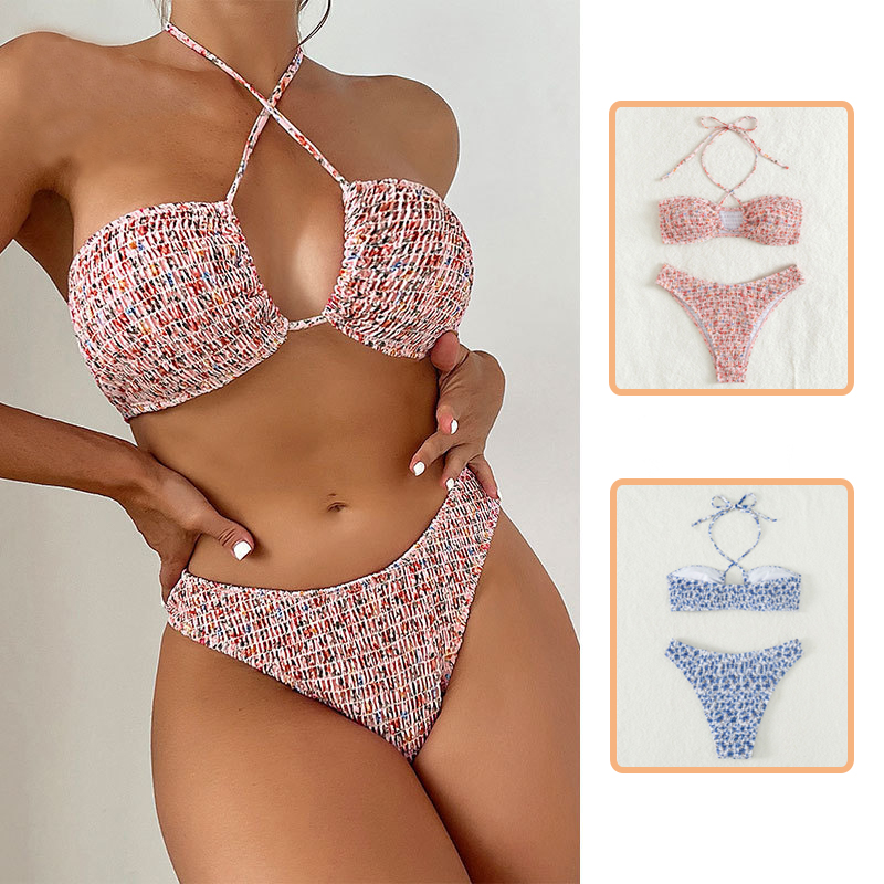Floral Print Pleated Halter Bikini Set