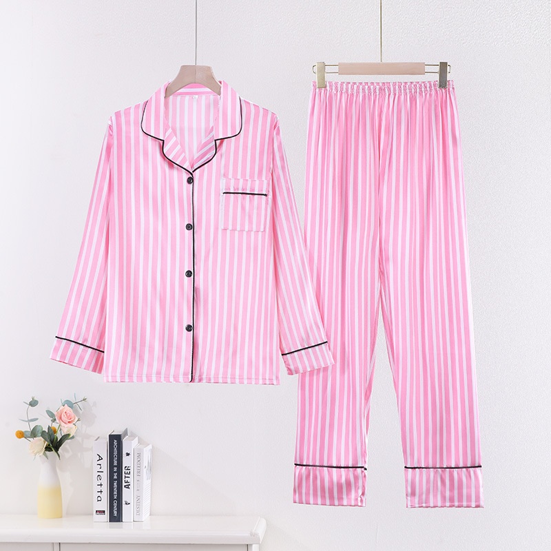Women's Striped Long-Sleeve Artificial Silk Homewear Set