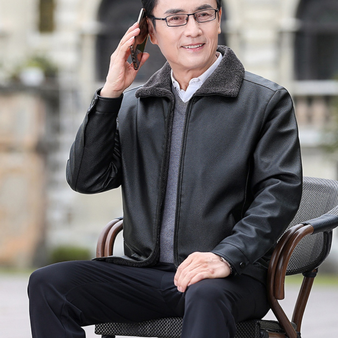 Men's Leather Coat with Velvet Stand Collar
