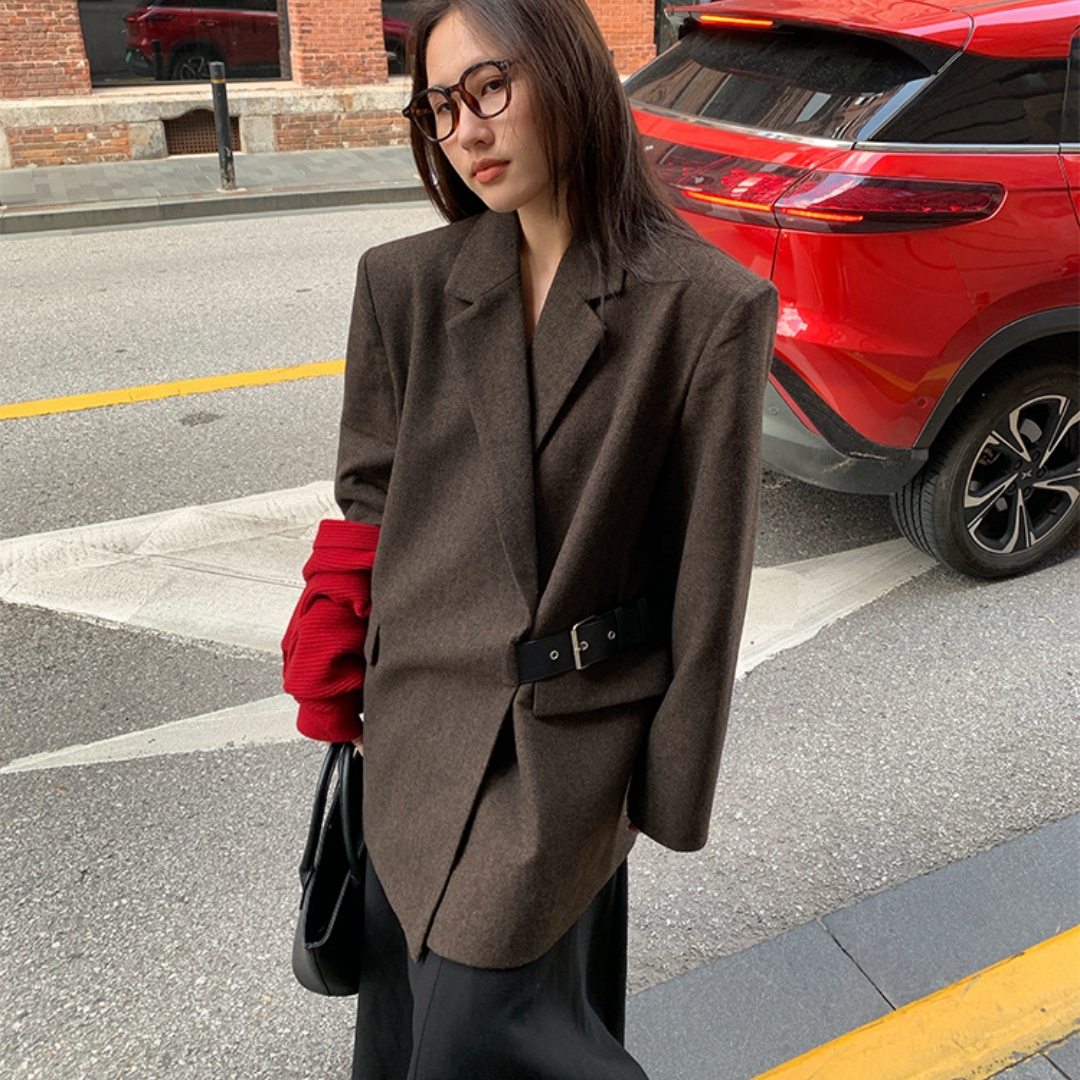 American-Style Women's Wool Suit Jacket with Padded Shoulders