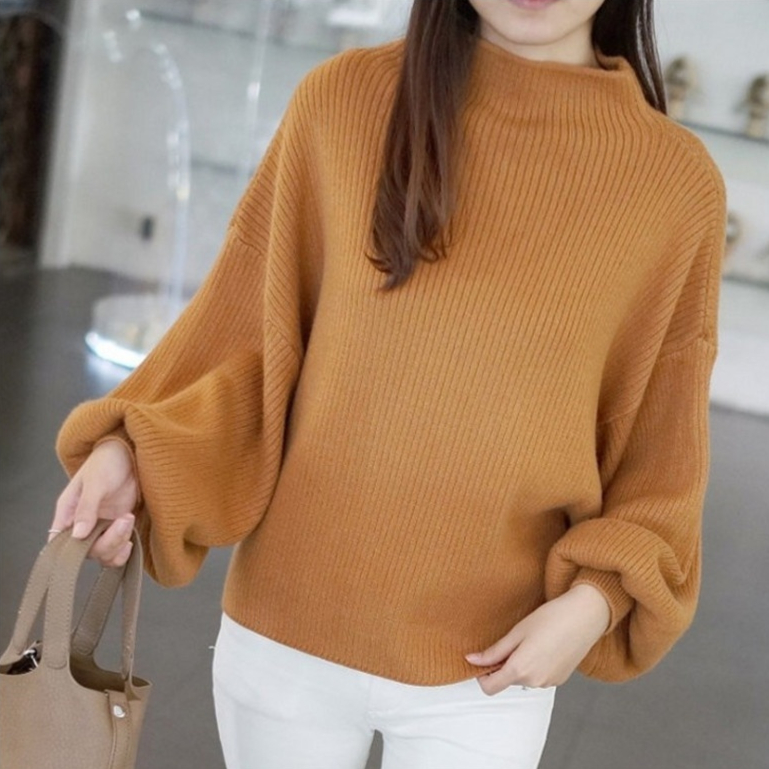 Half Turtleneck Sweater with Lantern Sleeves