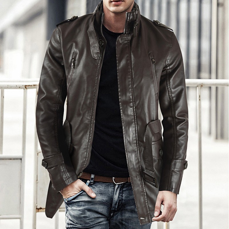Men's mid-length leather coat with stand collar