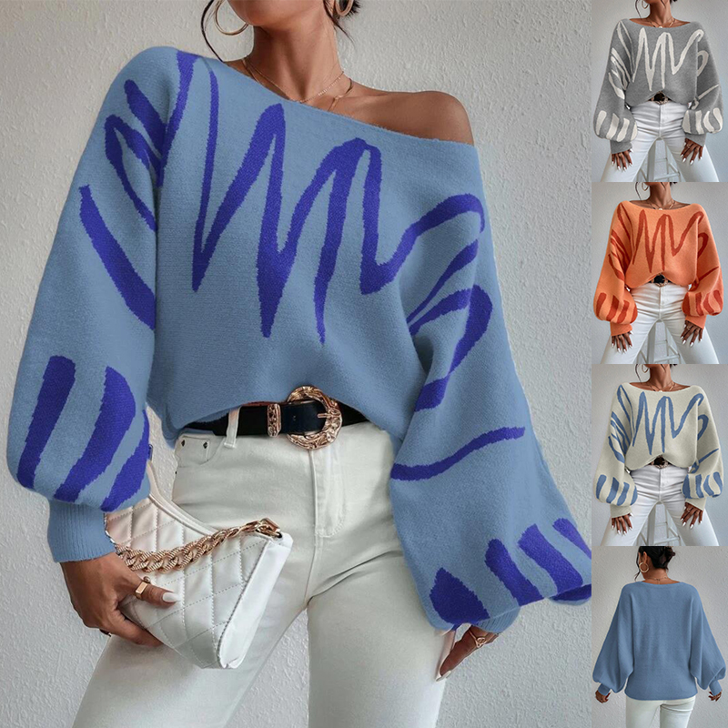 Women's Lantern-Sleeve Printed Loose Pullover Sweater