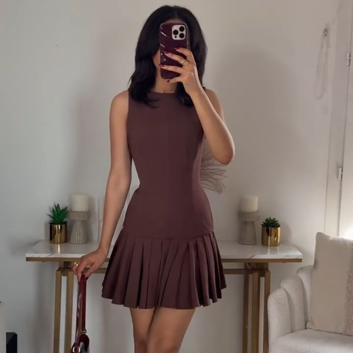 Slim-Fit Pleated Mini Dress with Wide Round Neck