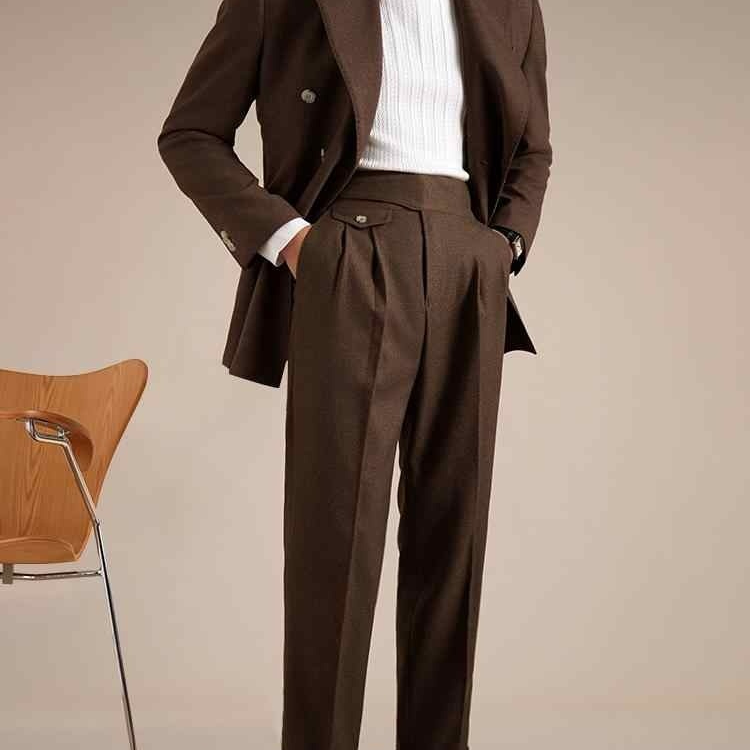 Casual Straight Business Trousers with Double Pleats