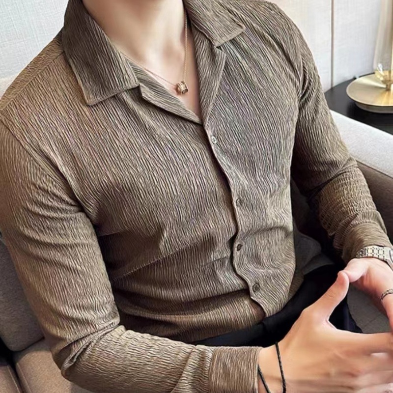 Pleated Long-Sleeve Shirt with Cuban Collar