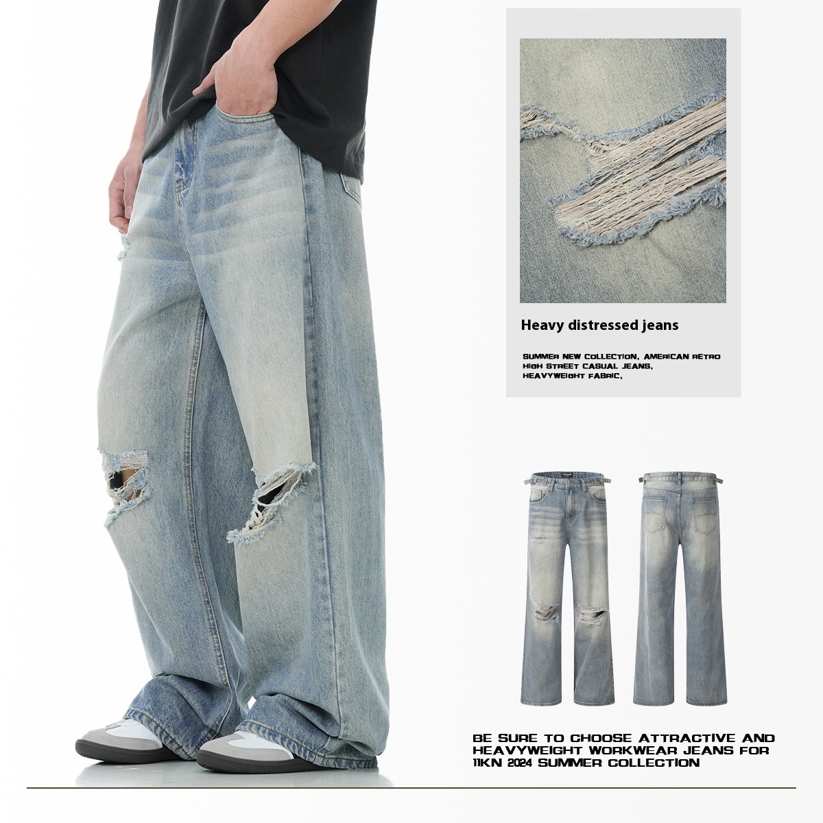 New American Retro Summer Ripped Jeans with Adjustable Fit