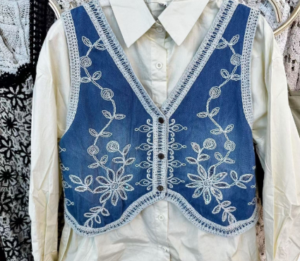 Heavy Industry Crochet Embroidery Denim Vest 7