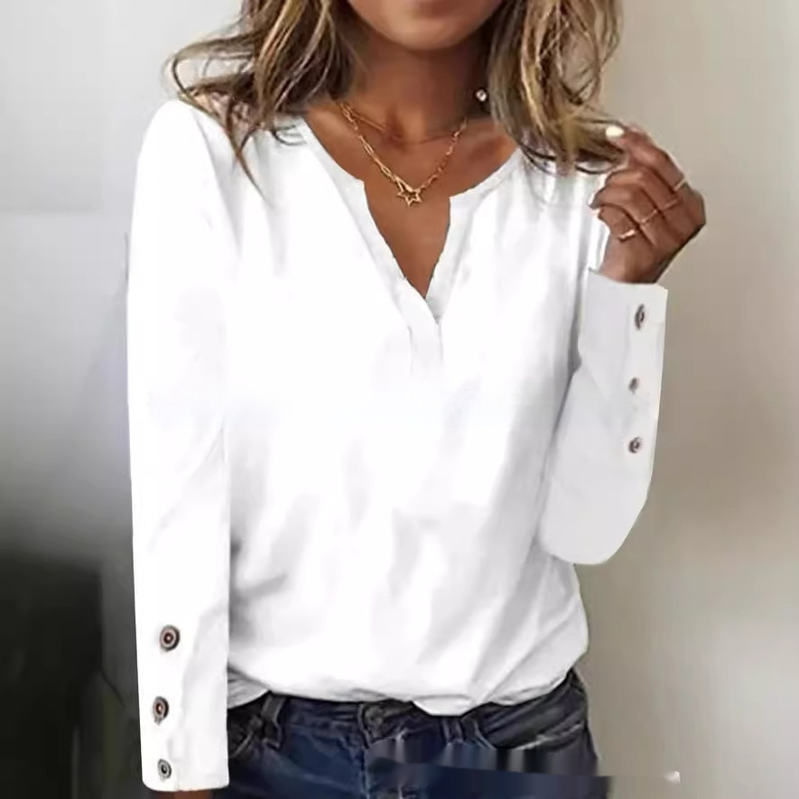 Casual loose white V-neck long-sleeve T-shirt