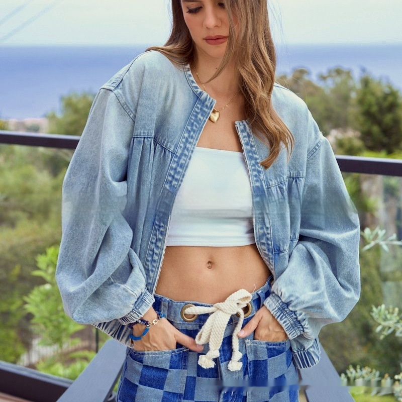Washed Loose Light-Blue Round-Neck Zipper Denim Jacket
