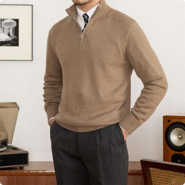 Men's Wool Sweater with Stand Collar and Zipper