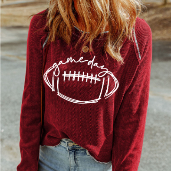 Red Rugby Football Graphic Thermal Knit Top
