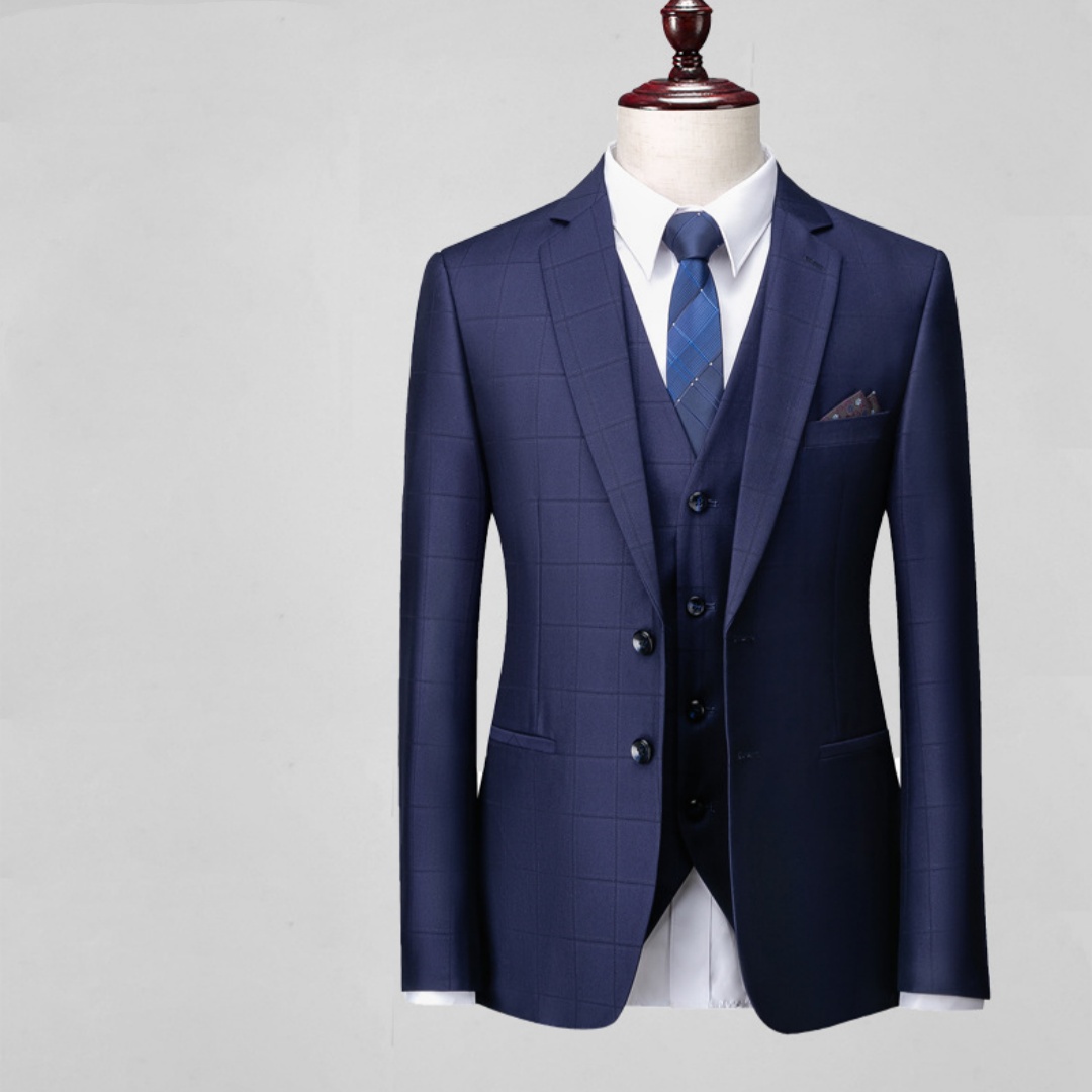 Men's Business Casual Plaid Slim-Fit Three-Piece Suit