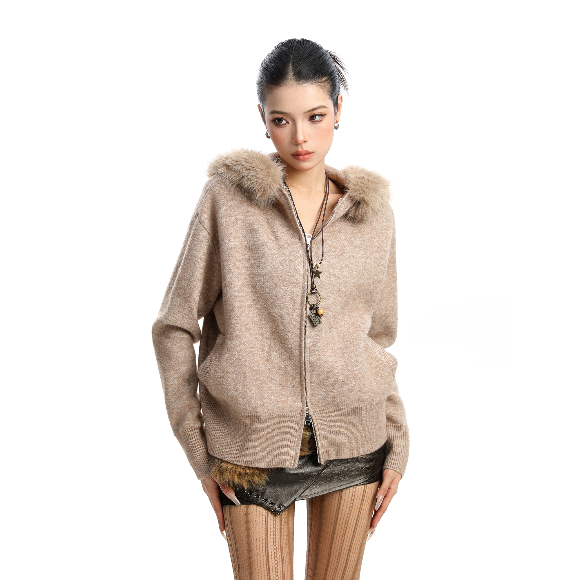 Women's Beige Zipper Coat with Fur Collar and Hood