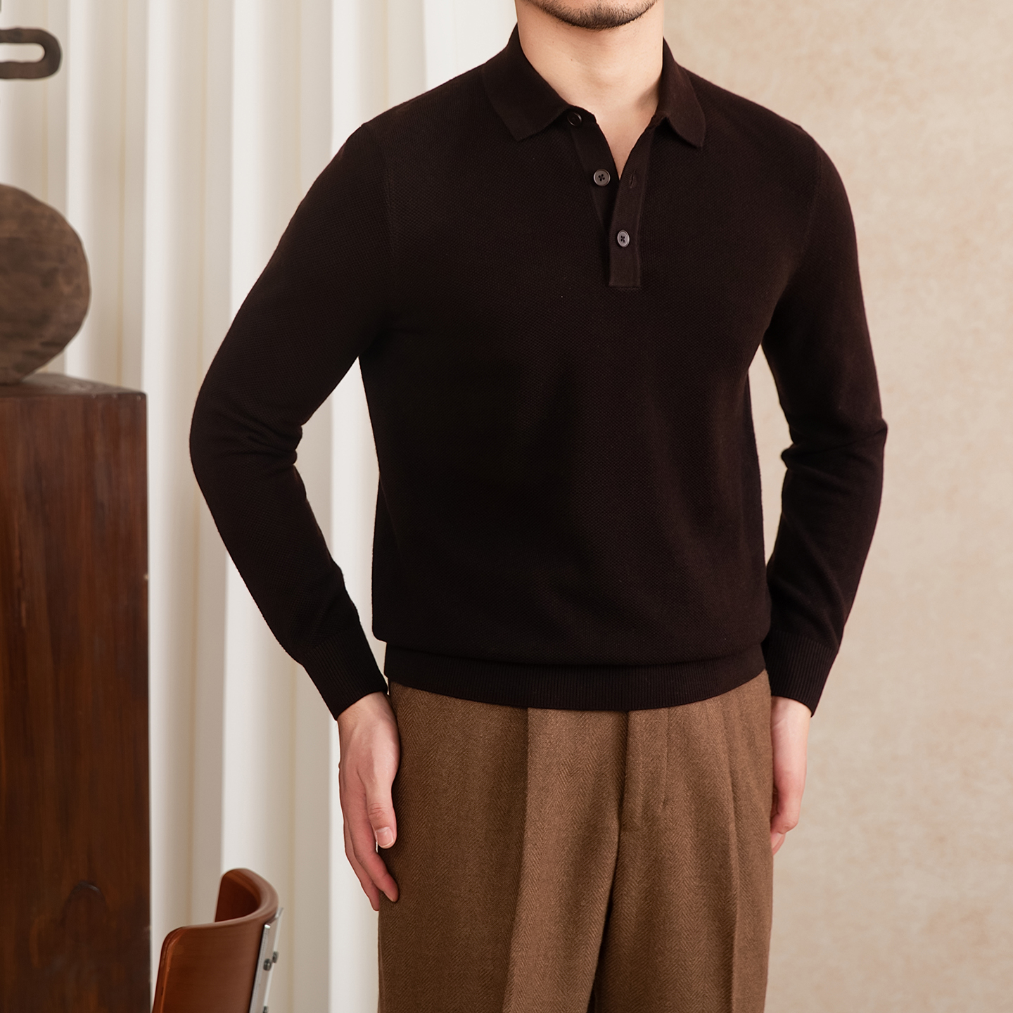 Slim-Fit Knitted Polo Shirt with Lapel and Long Sleeves