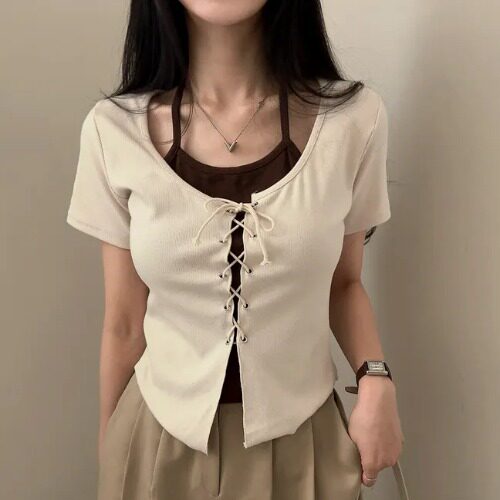 Cross-Strap Mock Two-Piece Halter T-Shirt 3