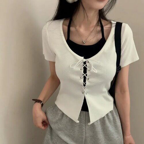 Cross-Strap Mock Two-Piece Halter T-Shirt 5