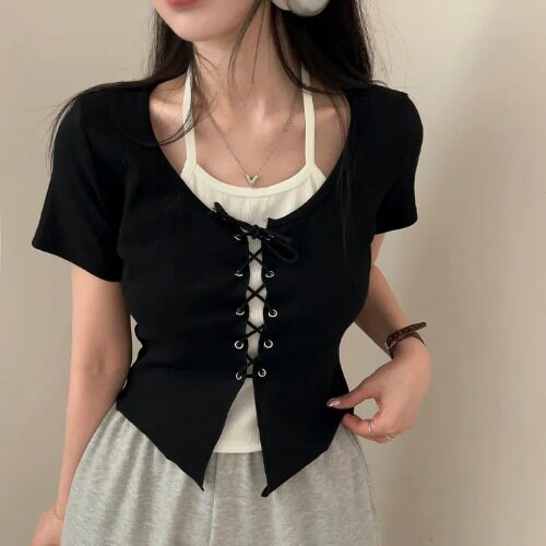 Cross-Strap Mock Two-Piece Halter T-Shirt 4