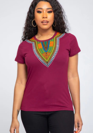 Amara Women's Dashiki T-Shirt in Deep Maroon 5