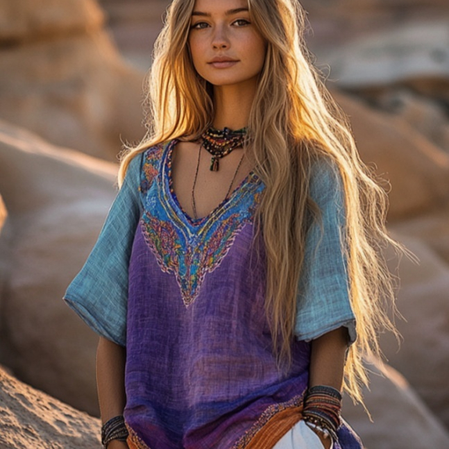 Women's Retro Ethnic-Style V-Neck T-Shirt 2