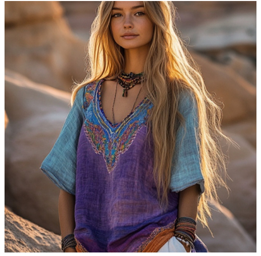 Women's Retro Ethnic-Style V-Neck T-Shirt 3